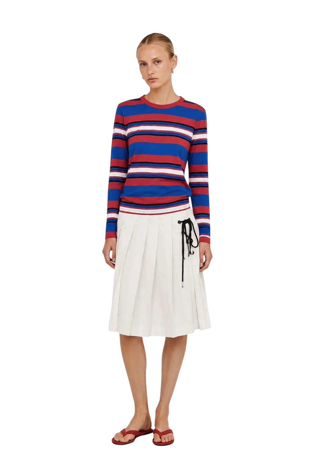 AI-generated model wearing a red, white and blue striped sweater and a white skirt