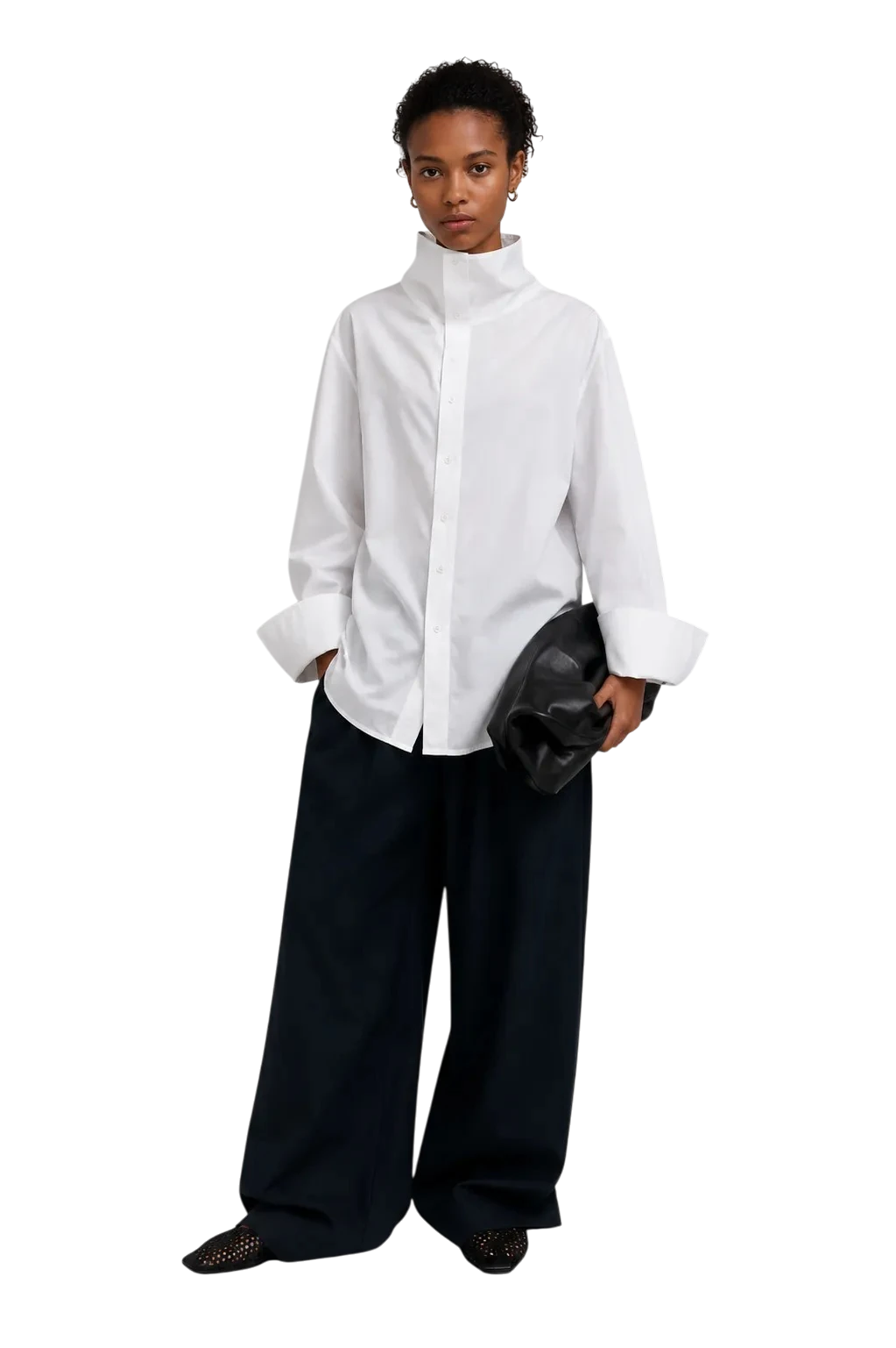 AI-generated model wearing an oversized white shirt and wide black trousers